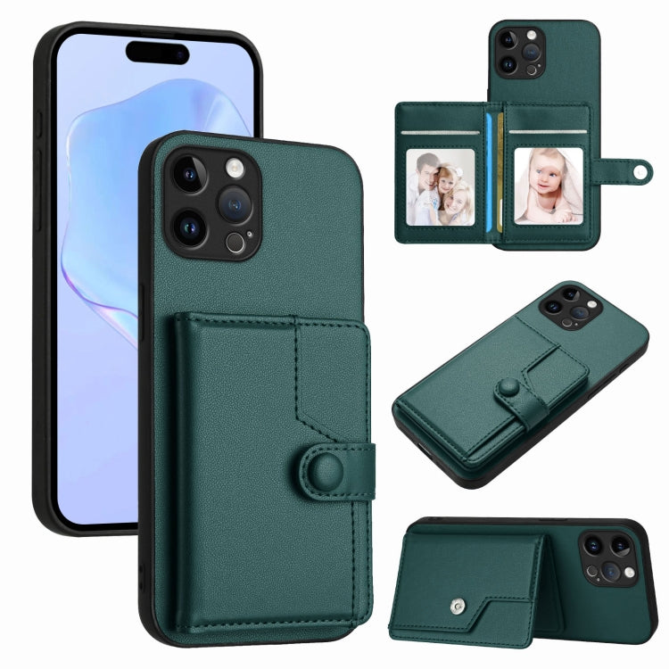 غطاء هاتف محفظة بطاقات بزر مع حماية RFID ضد السرقة، لهواتف iPhone SE 2022 / 2020، iPhone 13 Pro Max، iPhone 13 Pro، iPhone 13، iPhone 13 mini، iPhone 12، iPhone 12 Pro Max، iPhone 12 Pro