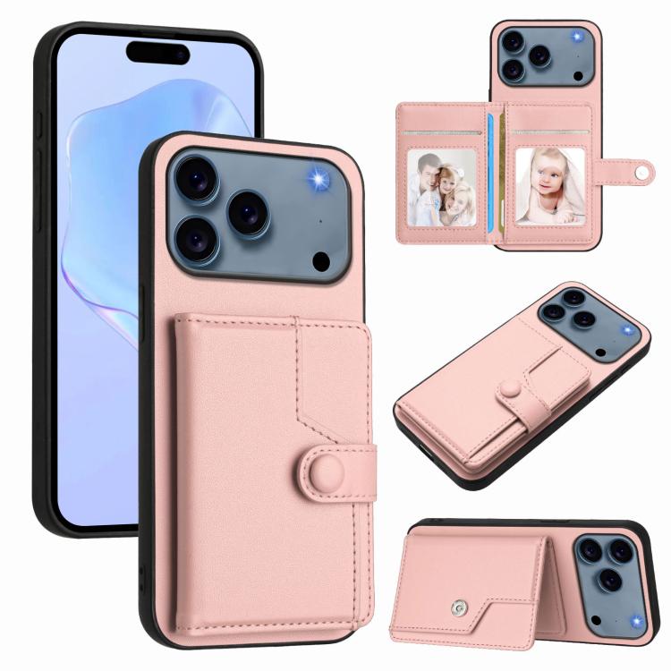 غطاء هاتف محفظة بطاقات بزر مع حماية RFID ضد السرقة، لهواتف iPhone 17 Pro Max، iPhone 17 Pro، iPhone 17، iPhone Air، iPhone 16 Pro Max، iPhone 16 Pro، iPhone 16 Plus، iPhone 16