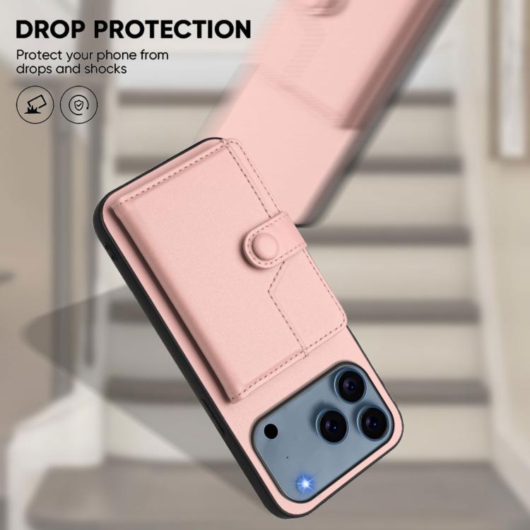 غطاء هاتف محفظة بطاقات بزر مع حماية RFID ضد السرقة، لهواتف iPhone 17 Pro Max، iPhone 17 Pro، iPhone 17، iPhone Air، iPhone 16 Pro Max، iPhone 16 Pro، iPhone 16 Plus، iPhone 16