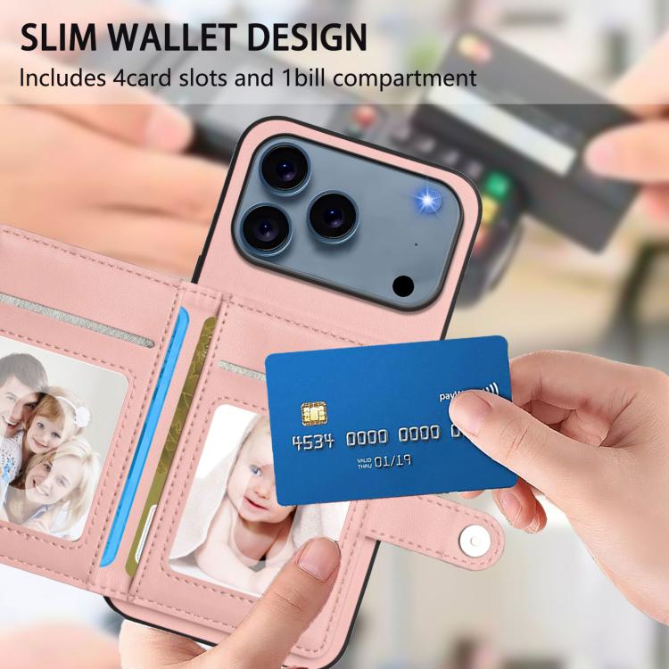 غطاء هاتف محفظة بطاقات بزر مع حماية RFID ضد السرقة، لهواتف iPhone 17 Pro Max، iPhone 17 Pro، iPhone 17، iPhone Air، iPhone 16 Pro Max، iPhone 16 Pro، iPhone 16 Plus، iPhone 16