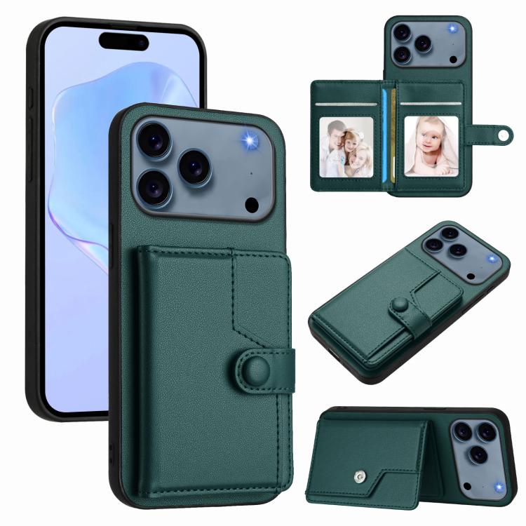غطاء هاتف محفظة بطاقات بزر مع حماية RFID ضد السرقة، لهواتف iPhone 17 Pro Max، iPhone 17 Pro، iPhone 17، iPhone Air، iPhone 16 Pro Max، iPhone 16 Pro، iPhone 16 Plus، iPhone 16