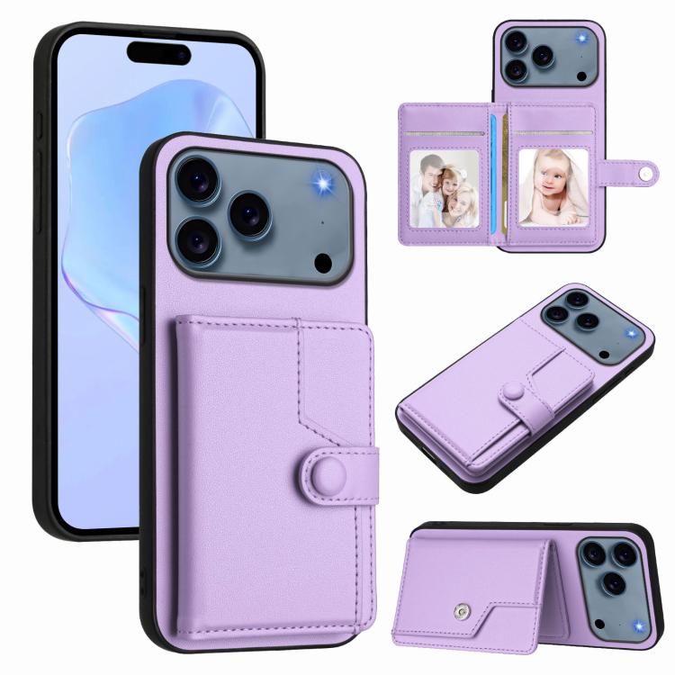 غطاء هاتف محفظة بطاقات بزر مع حماية RFID ضد السرقة، لهواتف iPhone 17 Pro Max، iPhone 17 Pro، iPhone 17، iPhone Air، iPhone 16 Pro Max، iPhone 16 Pro، iPhone 16 Plus، iPhone 16