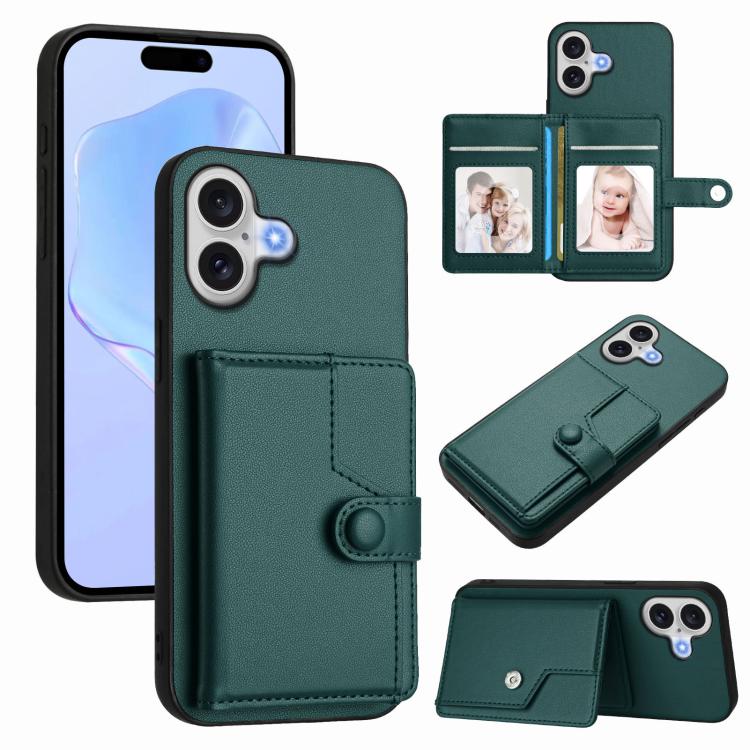 غطاء هاتف محفظة بطاقات بزر مع حماية RFID ضد السرقة، لهواتف iPhone 17 Pro Max، iPhone 17 Pro، iPhone 17، iPhone Air، iPhone 16 Pro Max، iPhone 16 Pro، iPhone 16 Plus، iPhone 16