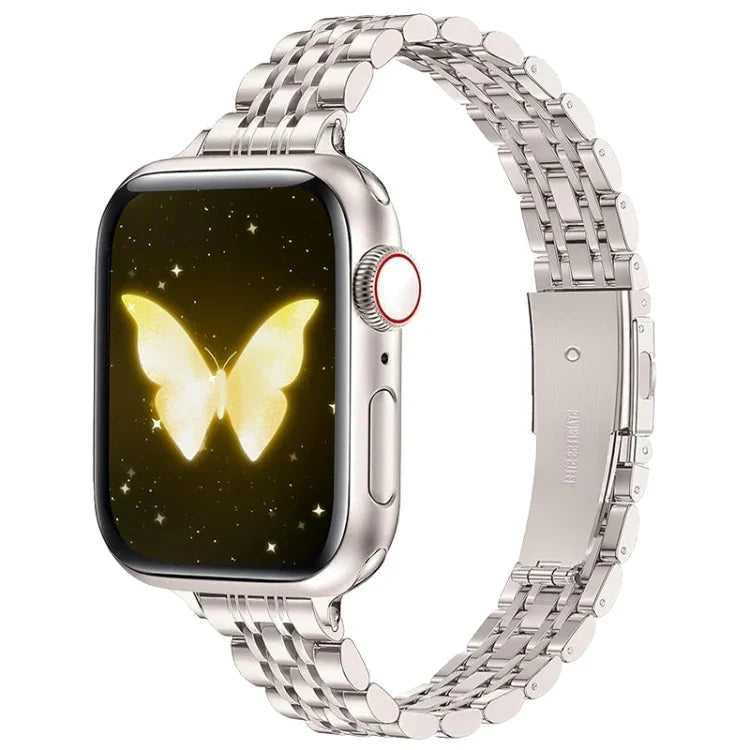 سوار ساعة معدني نحيف مع إبزيم مطاطي بسبعة خرزات، لساعات Apple Watch مقاسات 46مم / 49مم / 45مم / 44مم، لساعات Apple Watch مقاسات 42مم / 41مم / 40مم / 38مم