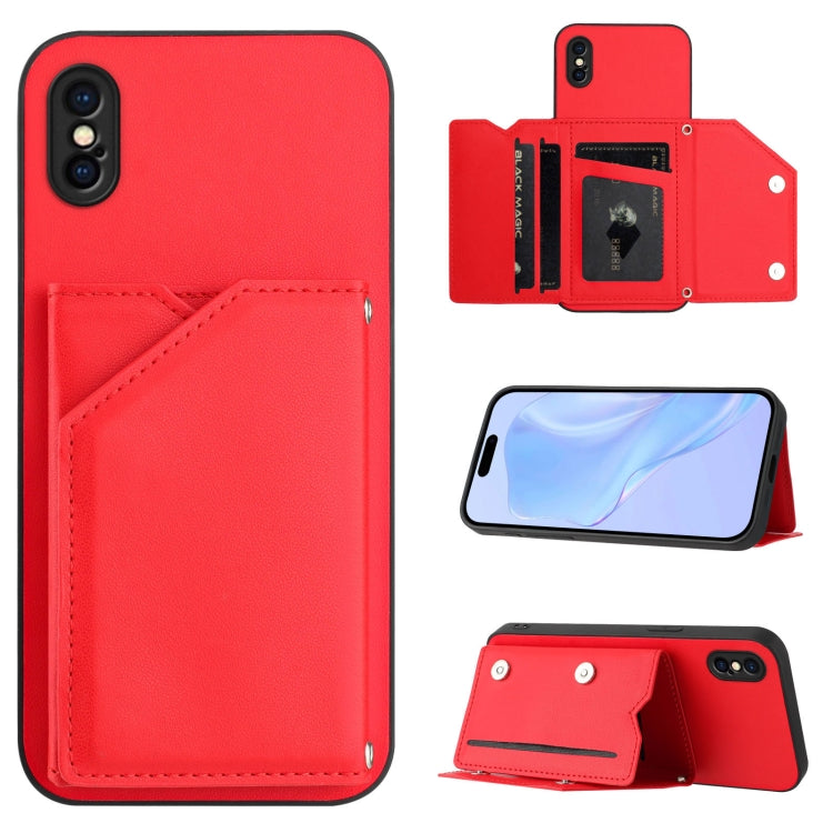 غطاء هاتف بملمس جلدي مع أربع فتحات للبطاقات وحزام معصم، لأجهزة iPhone 12 mini، iPhone 11 Pro Max، iPhone 11، iPhone 11 Pro، iPhone X / XS، iPhone XR، iPhone XS Max، iPhone 7 Plus / 8 Plus