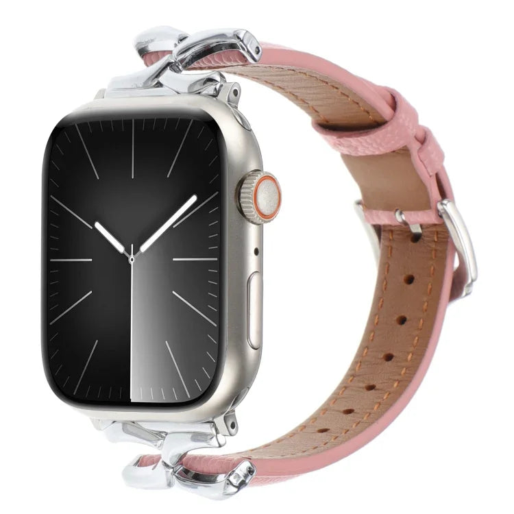 سوار ساعة من الجلد الطبيعي مع إبزيم على شكل X ونقشة نقطية، لساعات Apple Watch مقاسات 46مم / 49مم / 45مم / 44مم، لساعات Apple Watch مقاسات 42مم / 41مم / 40مم / 38مم