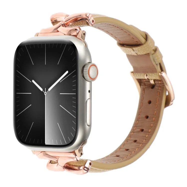سوار ساعة من الجلد الطبيعي مع إبزيم على شكل X ونقشة نقطية، لساعات Apple Watch مقاسات 46مم / 49مم / 45مم / 44مم، لساعات Apple Watch مقاسات 42مم / 41مم / 40مم / 38مم