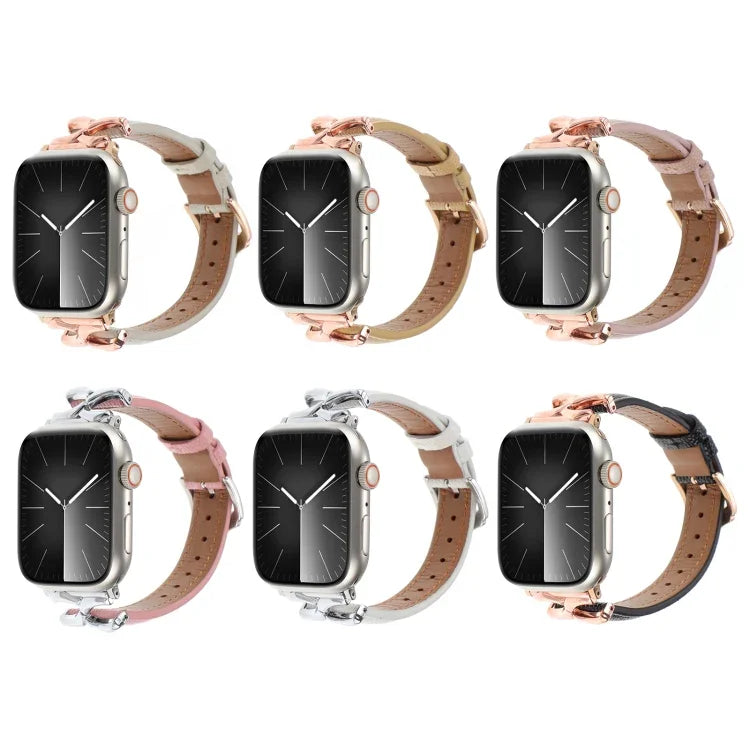 سوار ساعة من الجلد الطبيعي مع إبزيم على شكل X ونقشة نقطية، لساعات Apple Watch مقاسات 46مم / 49مم / 45مم / 44مم، لساعات Apple Watch مقاسات 42مم / 41مم / 40مم / 38مم