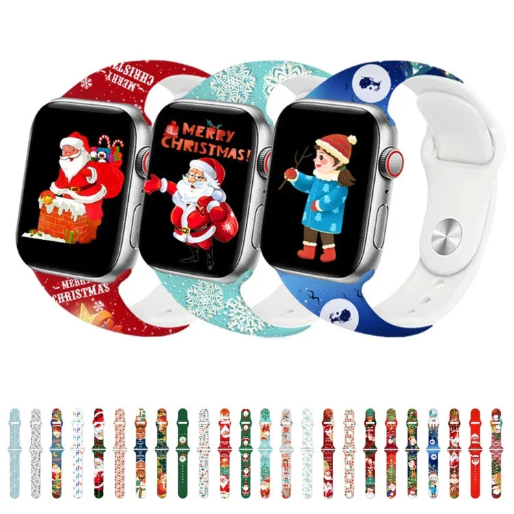 سوار ساعة سيليكون مع إبزيم عكسي بنقشة عيد الميلاد، لساعات Apple Watch مقاسات 46مم / 49مم / 45مم / 44مم، لساعات Apple Watch مقاسات 42مم / 41مم / 40مم / 38مم