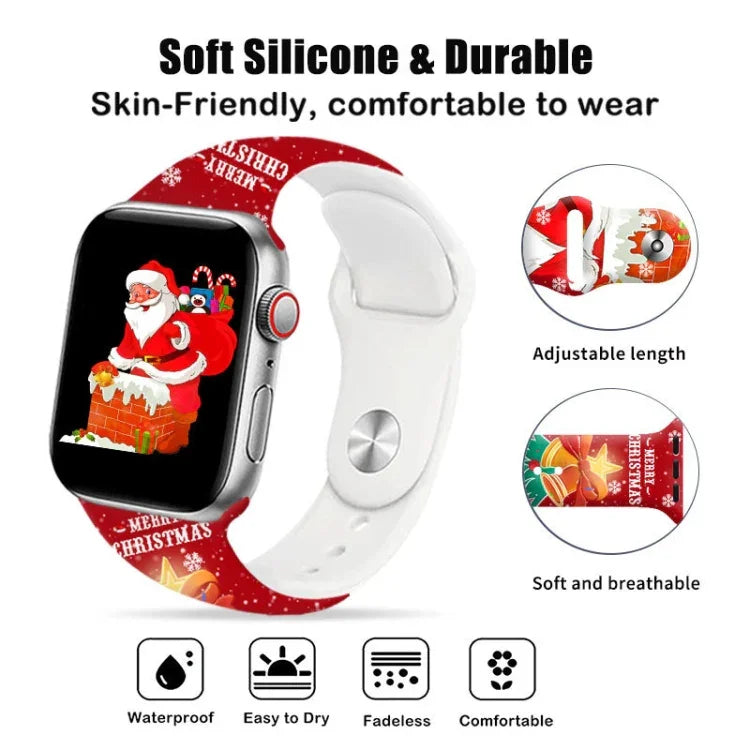 سوار ساعة سيليكون مع إبزيم عكسي بنقشة عيد الميلاد، لساعات Apple Watch مقاسات 46مم / 49مم / 45مم / 44مم، لساعات Apple Watch مقاسات 42مم / 41مم / 40مم / 38مم