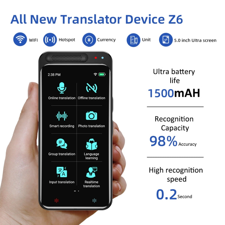 مترجم ذكي بالذكاء الاصطناعي VORMOR Z6 بشاشة لمس HD بحجم 5.0 بوصة يدعم 139 لغة مع ترجمة غير متصلة بالإنترنت / ترجمة الصور