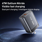 شاحن سريع REMAX U2-AC بقوة 67 واط USB و Type-C GaN مع شاشة رقمية، قابس الاتحاد الأوروبي، قابس المملكة المتحدة