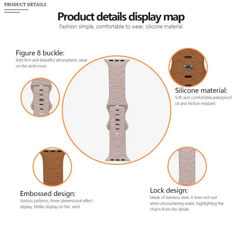 Kalebol 8-shaped Buckle Rose Embossed Silicone Watch Band, For Apple Watch 46mm / 49mm / 45mm / 44mm, For Apple Watch 42mm / 41mm / 40mm / 38mm