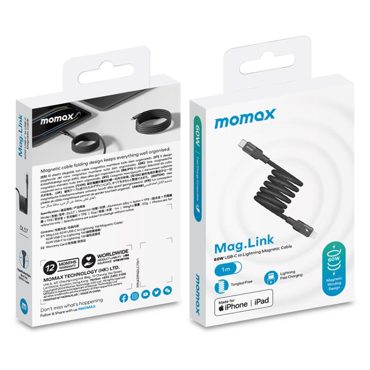 MOMAX DL57D Mag.Link 60W كابل بيانات شحن سريع مضفر مغناطيسي Type-C إلى 8 دبابيس، الطول: 1م