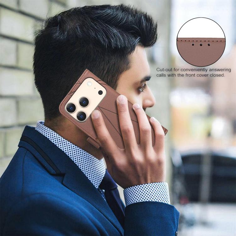 غطاء هاتف جلدي بنقشة هندسية مع حماية RFID، لهواتف iPhone 16e / 17e، لهاتف iPhone 17 Pro Max، لهاتف iPhone 17 Pro، لهاتف iPhone 17، لهاتف iPhone Air، لهاتف iPhone 16 Pro Max، لهاتف iPhone 16 Pro، لهاتف iPhone 16 Plus