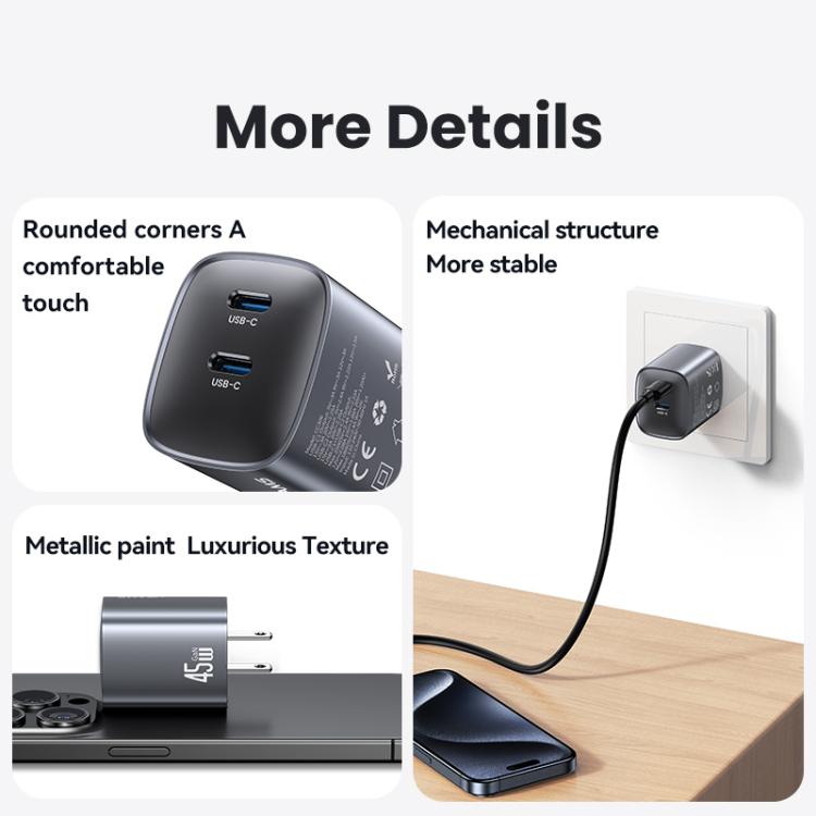 شاحن سريع USAMS CC306 T66 45 واط مزدوج USB-C / Type-C GaN، قابس الولايات المتحدة، CC306