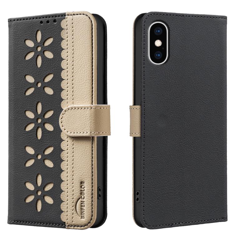 غطاء هاتف جلدي بنمط زهرة مجوفة ملونة مع توصيل وخاصية RFID، لهواتف iPhone XS Max، iPhone 6 Plus / 7 Plus / 8 Plus، iPhone 6 / 7 / 8