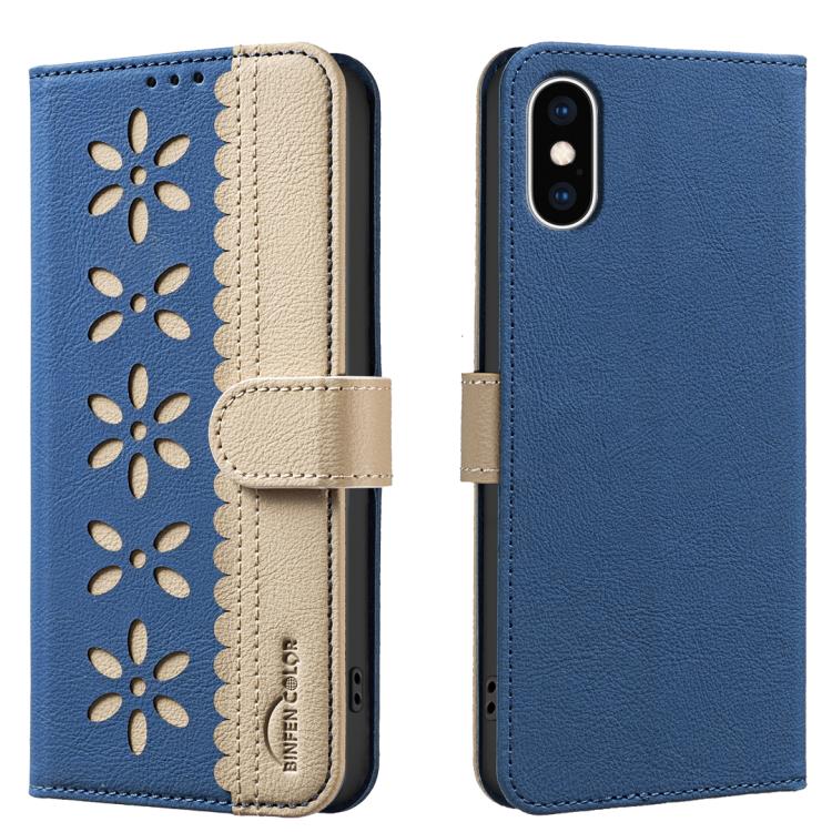 غطاء هاتف جلدي بنمط زهرة مجوفة ملونة مع توصيل وخاصية RFID، لهواتف iPhone XS Max، iPhone 6 Plus / 7 Plus / 8 Plus، iPhone 6 / 7 / 8
