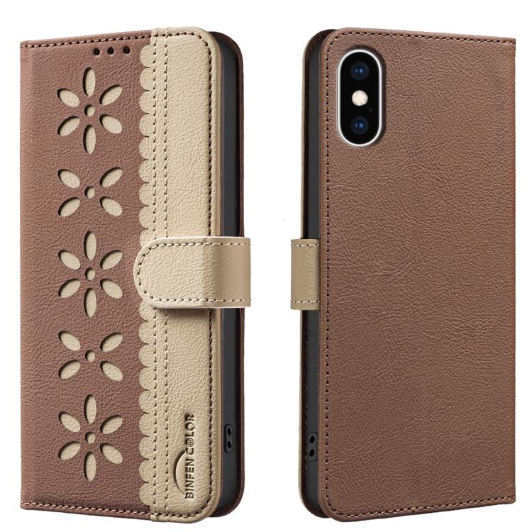 غطاء هاتف جلدي بنمط زهرة مجوفة ملونة مع توصيل وخاصية RFID، لهواتف iPhone XS Max، iPhone 6 Plus / 7 Plus / 8 Plus، iPhone 6 / 7 / 8