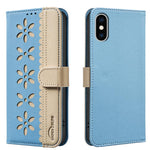 غطاء هاتف جلدي بنمط زهرة مجوفة ملونة مع توصيل وخاصية RFID، لهواتف iPhone XS Max، iPhone 6 Plus / 7 Plus / 8 Plus، iPhone 6 / 7 / 8