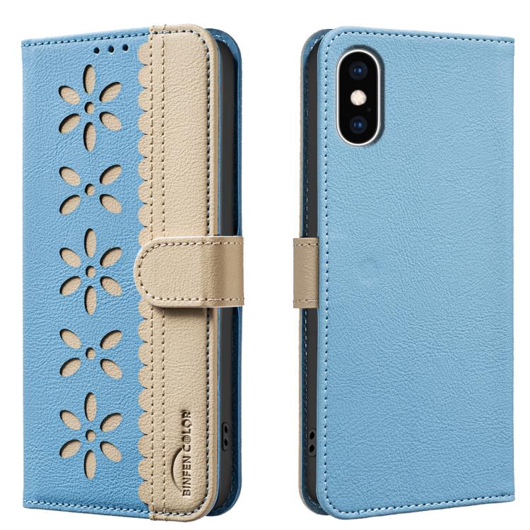 غطاء هاتف جلدي بنمط زهرة مجوفة ملونة مع توصيل وخاصية RFID، لهواتف iPhone XS Max، iPhone 6 Plus / 7 Plus / 8 Plus، iPhone 6 / 7 / 8
