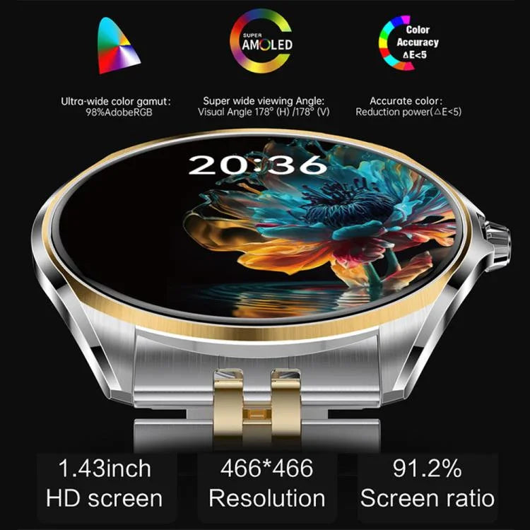 ساعة ذكية H78 بشاشة AMOLED مقاس 1.43 بوصة، مقاومة للماء بمعيار IP67، تدعم مكالمات البلوتوث