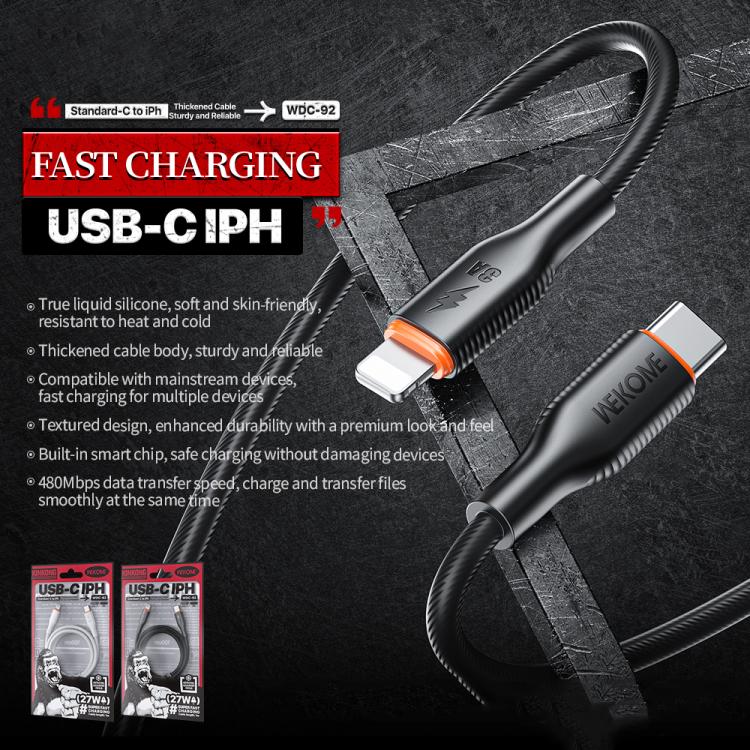 كابل بيانات سيليكون WK WDC-92 PD27W من Type-C إلى 8 Pin، الطول: 1.2 متر، WDC-92