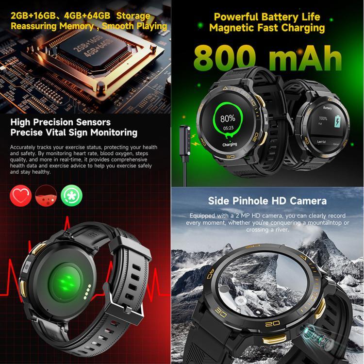 هاتف ساعة UNIWA DM300 أندرويد 4G، شاشة 1.43 بوصة، معالج Unisoc SL8541E رباعي النواة، يدعم معدل ضربات القلب / الأكسجين في الدم، 2GB+16GB، 4GB+64GB