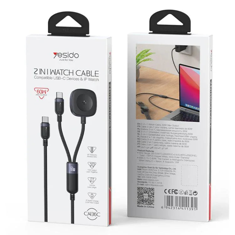 كابل شحن Yesido CA136C بقوة 60 واط USB-C / Type-C إلى Type-C وiWatch 2 في 1، CA136C