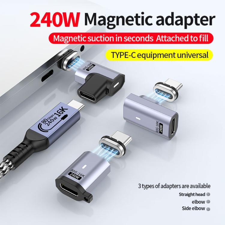 محول مغناطيسي شفط PD240W من ذكر Type-C إلى أنثى، سرعة 80 جيجابت في الثانية، 60 ألف دورة، رأس مستقيم، رأس زاوية، رأس زاوية جانبي