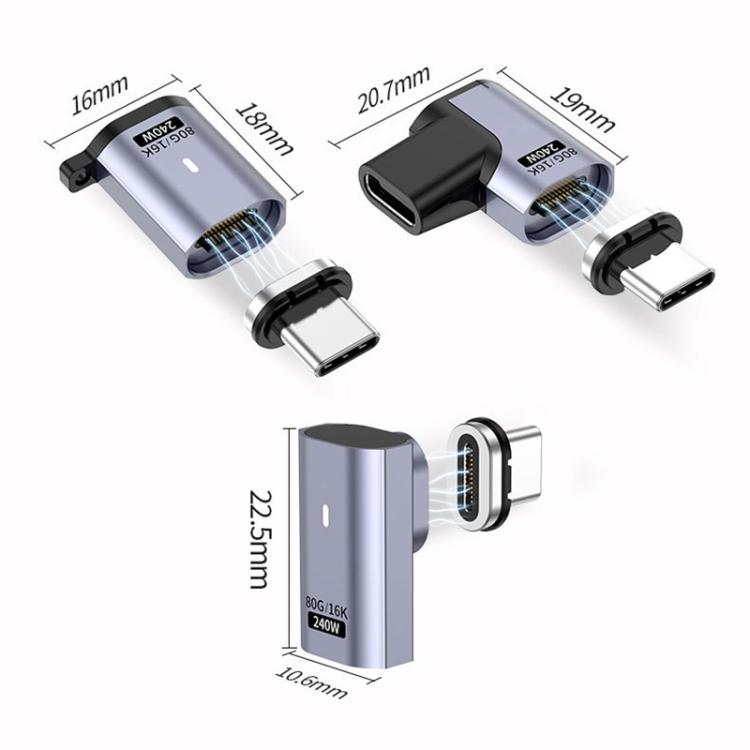 محول مغناطيسي شفط PD240W من ذكر Type-C إلى أنثى، سرعة 80 جيجابت في الثانية، 60 ألف دورة، رأس مستقيم، رأس زاوية، رأس زاوية جانبي
