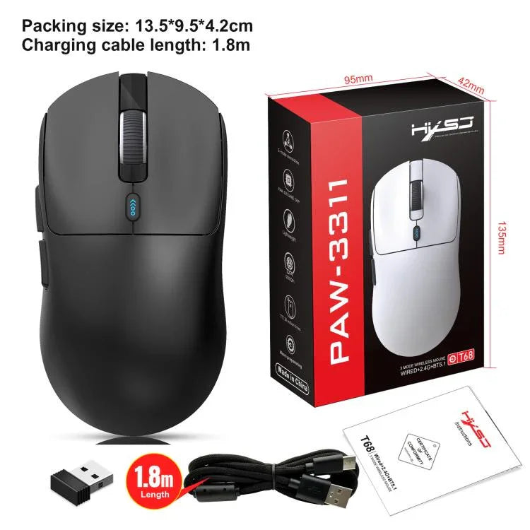 فأرة ألعاب خفيفة الوزن HXSJ T68 بثلاثة أوضاع سلكية 2.4G BT5.1 لاسلكية، T68