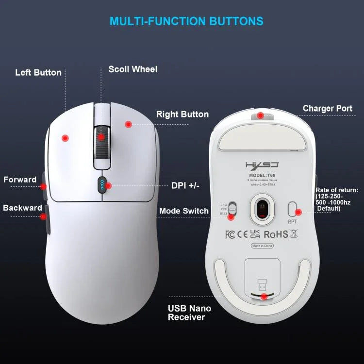 فأرة ألعاب خفيفة الوزن HXSJ T68 بثلاثة أوضاع سلكية 2.4G BT5.1 لاسلكية، T68