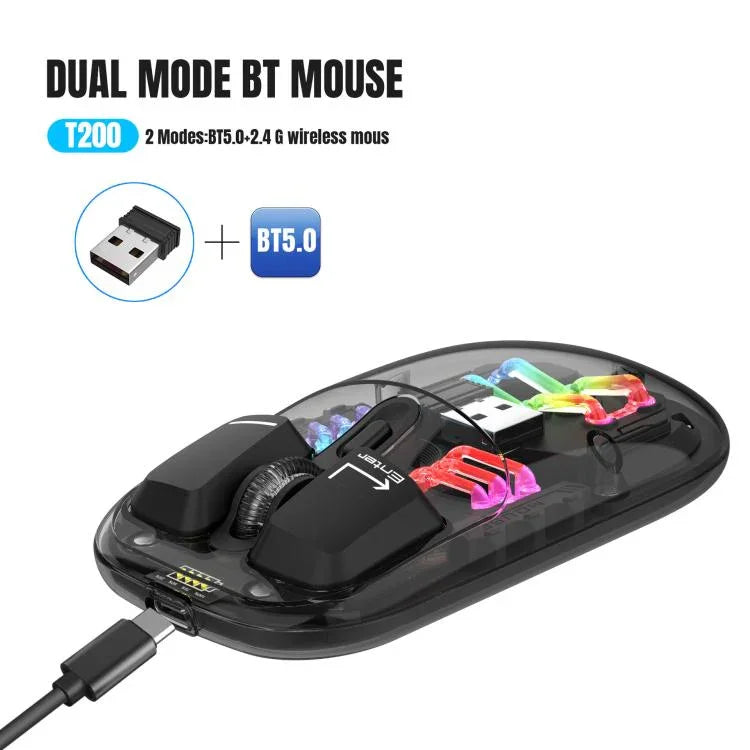 فأرة لاسلكية شفافة HXSJ T200 بوضعين 2.4G BT5.0 RGB، T200