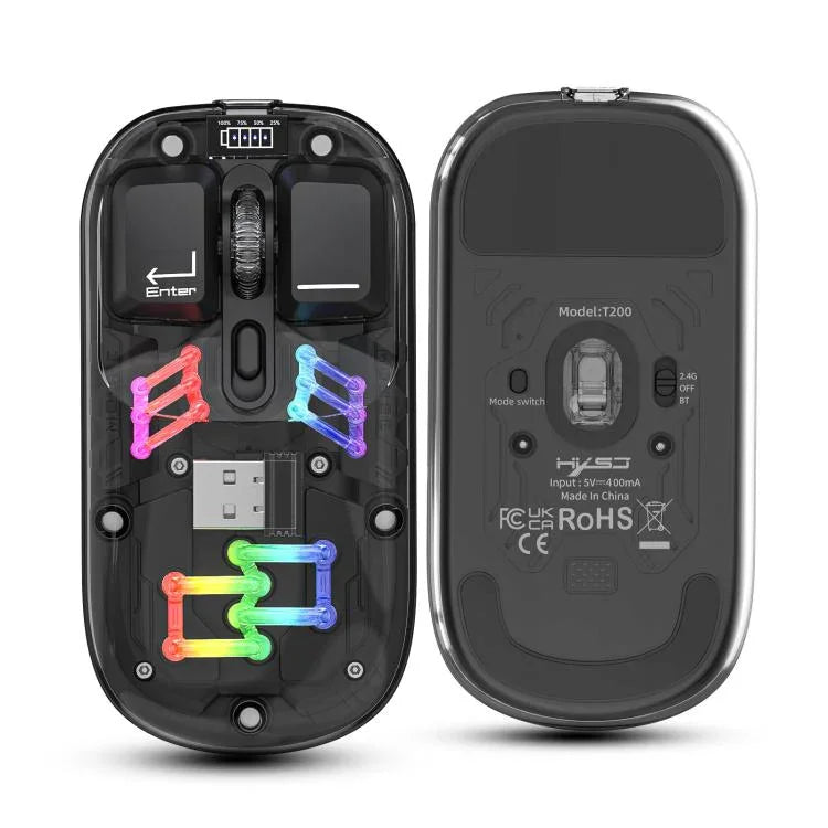 فأرة لاسلكية شفافة HXSJ T200 بوضعين 2.4G BT5.0 RGB، T200