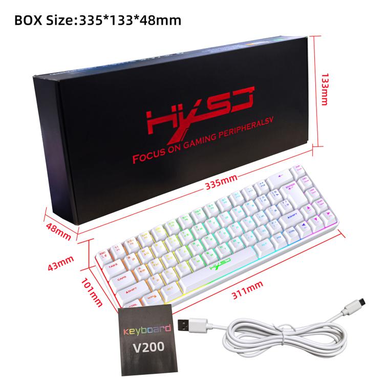 لوحة مفاتيح ميكانيكية HXSJ V200 النسخة الروسية سلكية بإضاءة خلفية RGB، 68 مفتاح، طول الكابل: 1.7 متر، V200 النسخة الروسية أبيض