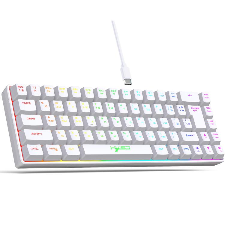 لوحة مفاتيح ميكانيكية HXSJ V200 النسخة الروسية سلكية بإضاءة خلفية RGB، 68 مفتاح، طول الكابل: 1.7 متر، V200 النسخة الروسية أبيض