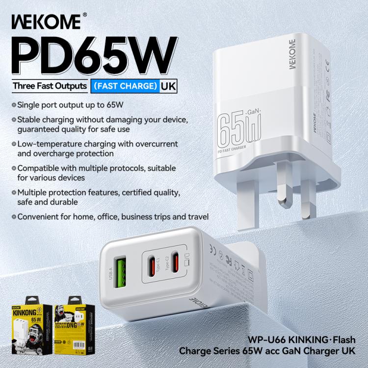 شاحن سريع WK WP-U66 Kinkong بقوة 65 واط مزدوج USB-C / Type-C + USB GaN، قابس المملكة المتحدة، قابس الولايات المتحدة، قابس الاتحاد الأوروبي