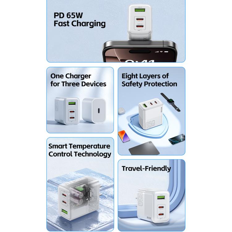 شاحن سريع WK WP-U66 Kinkong بقوة 65 واط مزدوج USB-C / Type-C + USB GaN، قابس المملكة المتحدة، قابس الولايات المتحدة، قابس الاتحاد الأوروبي