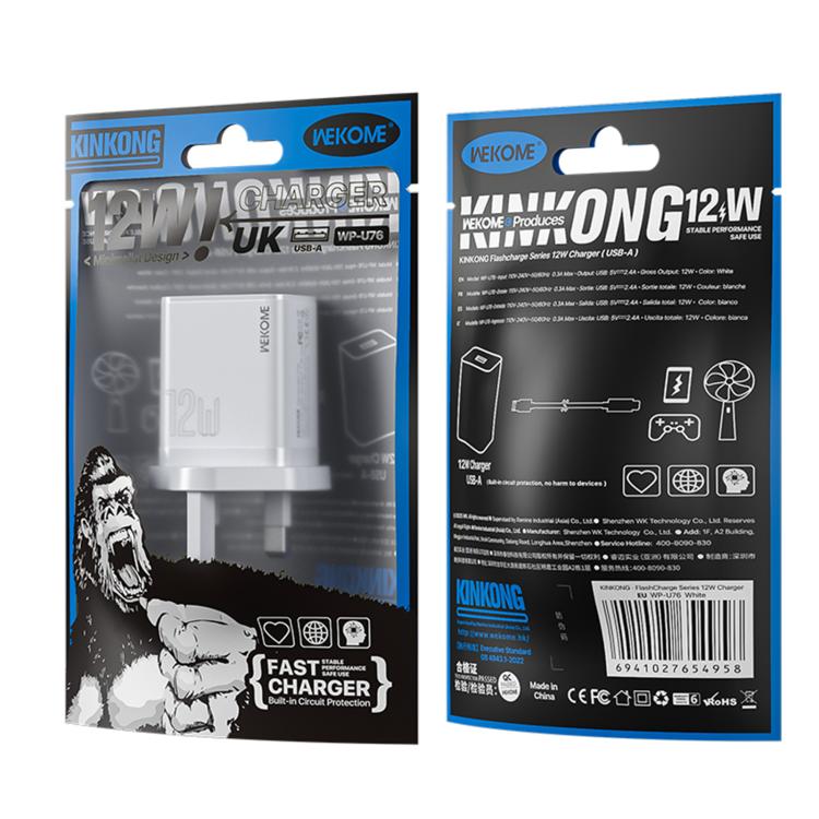 شاحن WK WP-U76 Kinkong بقوة 12 واط USB، قابس المملكة المتحدة، قابس الولايات المتحدة، قابس الاتحاد الأوروبي