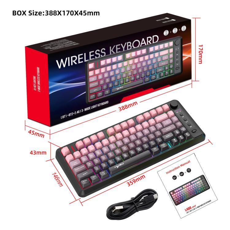 لوحة مفاتيح HXSJ L400 لاسلكية بثلاثة أوضاع، إضاءة RGB، فيلم رقيق، 81 مفتاح