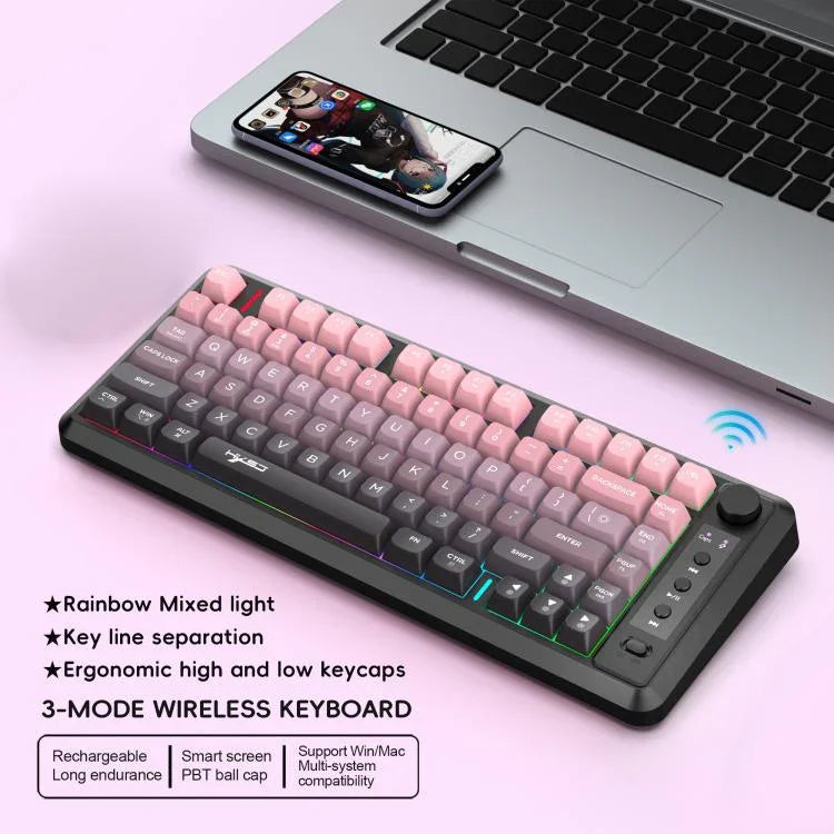 لوحة مفاتيح HXSJ L400 لاسلكية بثلاثة أوضاع، إضاءة RGB، فيلم رقيق، 81 مفتاح