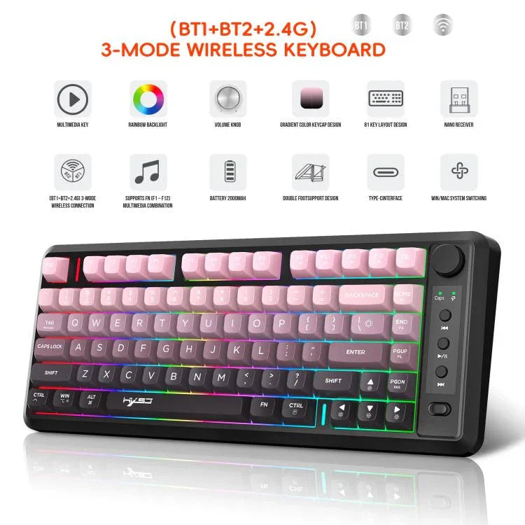 لوحة مفاتيح HXSJ L400 لاسلكية بثلاثة أوضاع، إضاءة RGB، فيلم رقيق، 81 مفتاح