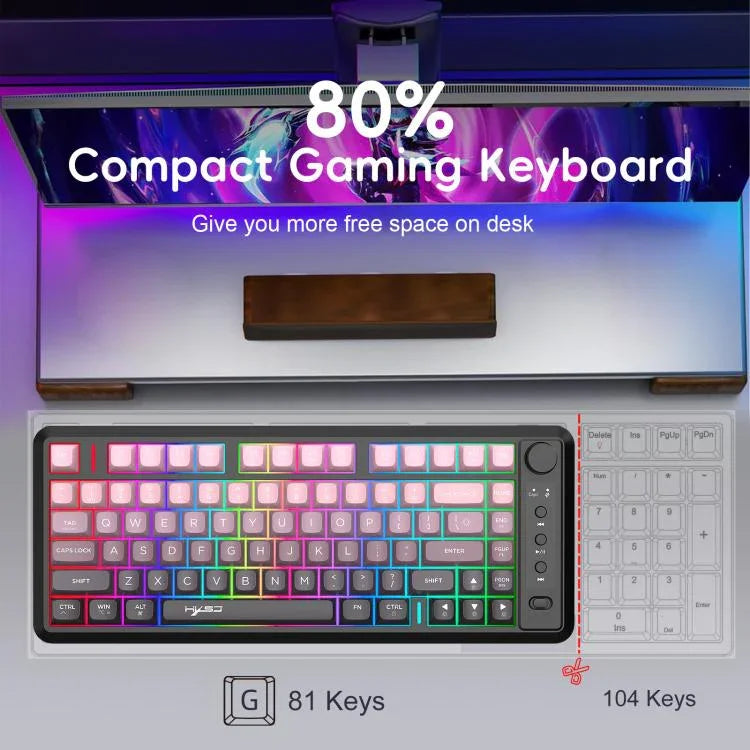 لوحة مفاتيح HXSJ L400 لاسلكية بثلاثة أوضاع، إضاءة RGB، فيلم رقيق، 81 مفتاح