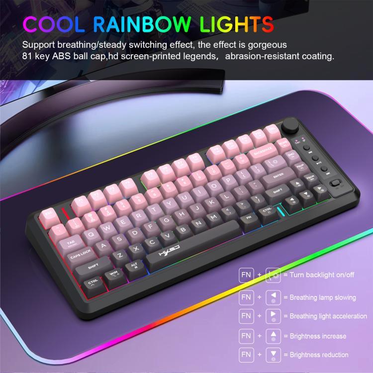 لوحة مفاتيح HXSJ L400 لاسلكية بثلاثة أوضاع، إضاءة RGB، فيلم رقيق، 81 مفتاح