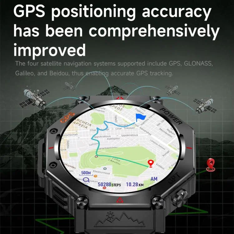 KC91 ساعة ذكية بشاشة IPS بحجم 1.39 بوصة مقاومة للماء حتى 3ATM مع GPS ومصباح يدوي