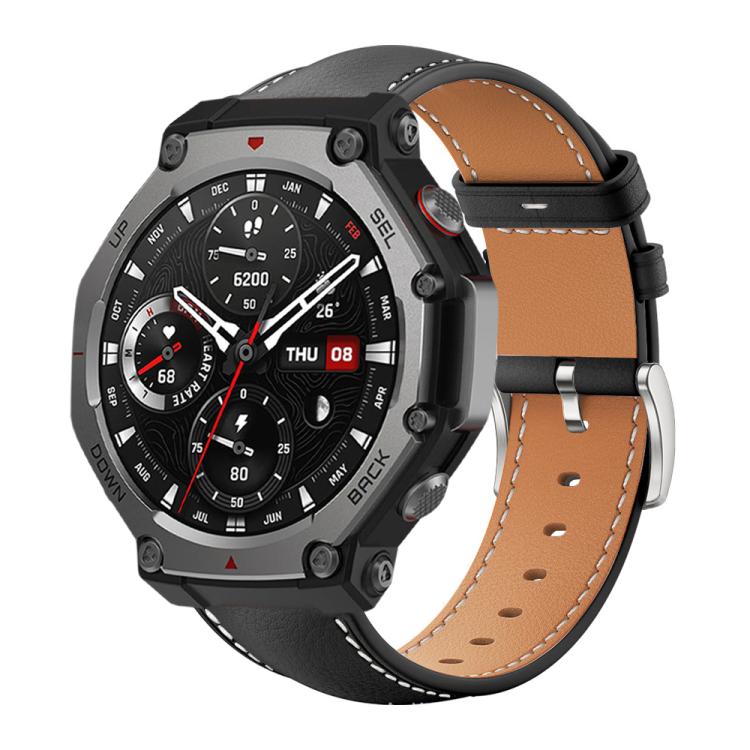 xDfind Flat Head Black Shark Fine Grain Leather Watch Band, For Amazfit T-Rex 3 22mm
