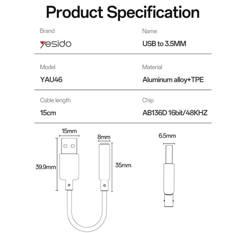محول صوت USB إلى 3.5 مم من الألمنيوم Yesido YAU46، YAU46