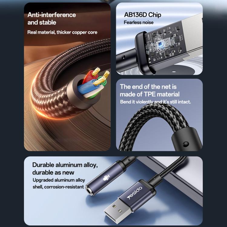 محول صوت USB إلى 3.5 مم من الألمنيوم Yesido YAU46، YAU46