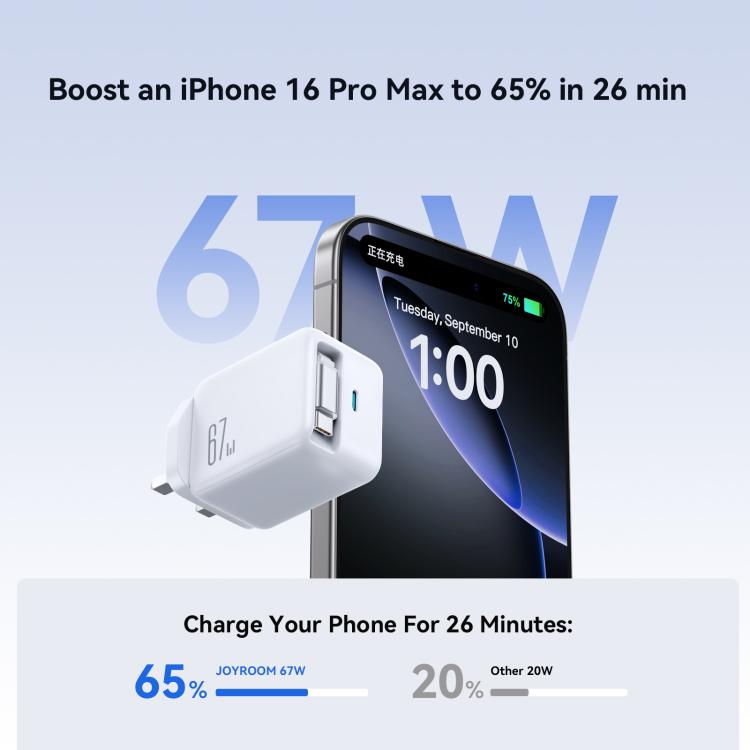 شاحن سريع JOYROOM JR-TCL06 67 واط USB-C / Type-C GaN مع كابل قابل للسحب، قابس المملكة المتحدة